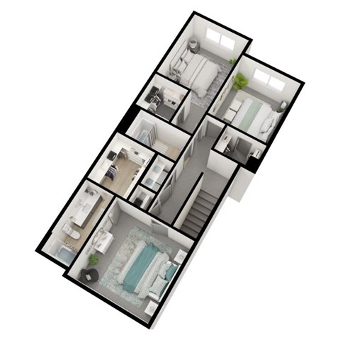 A 3D floor plan of a house with multiple rooms.